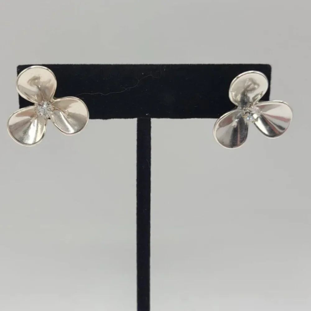 J Crew Silver Tone Flower Earrings with Clear Crystal Center Studs